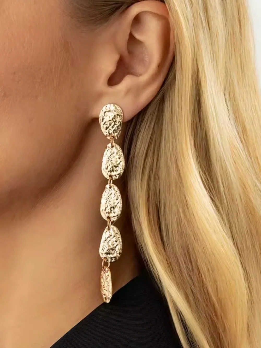 Irregular Ellipse Textured Metal Drop Earrings - Picture 3 of 4